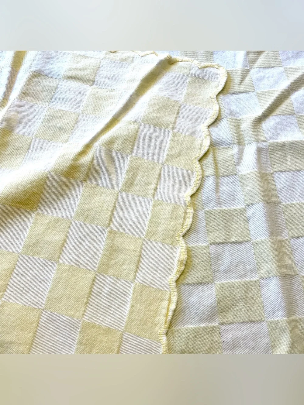 Vtg Yellow White Checkerboard Tablecloth Floral Cross Stitch 78